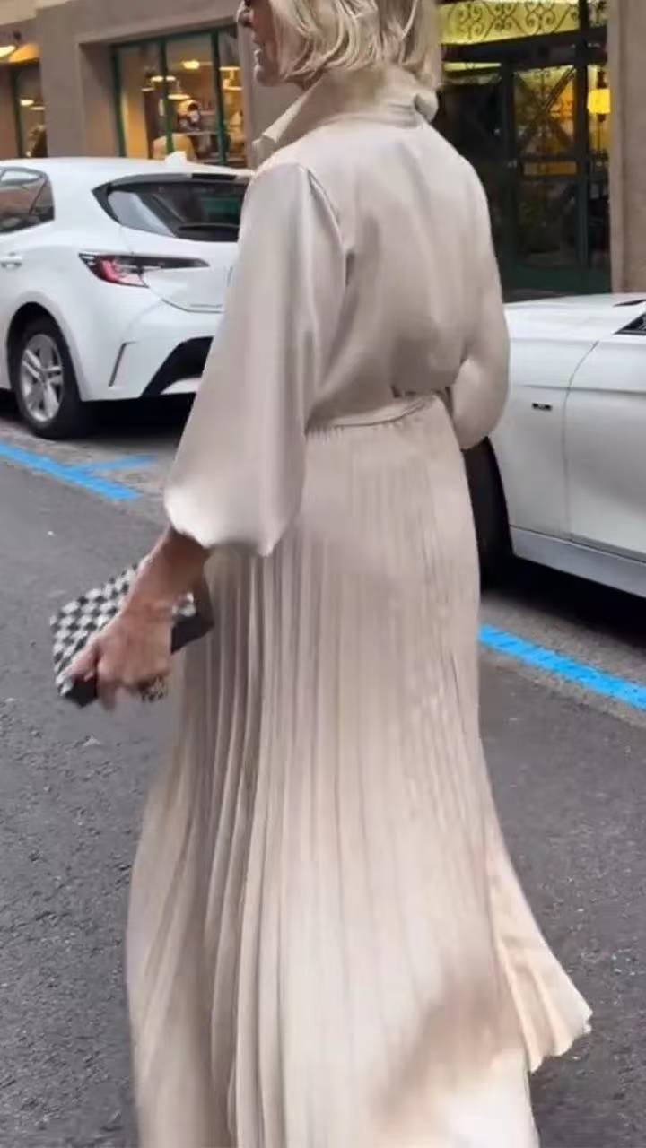 Spring Women's V-Neck Plus-Size Solid Color Belted pleated Dress 6