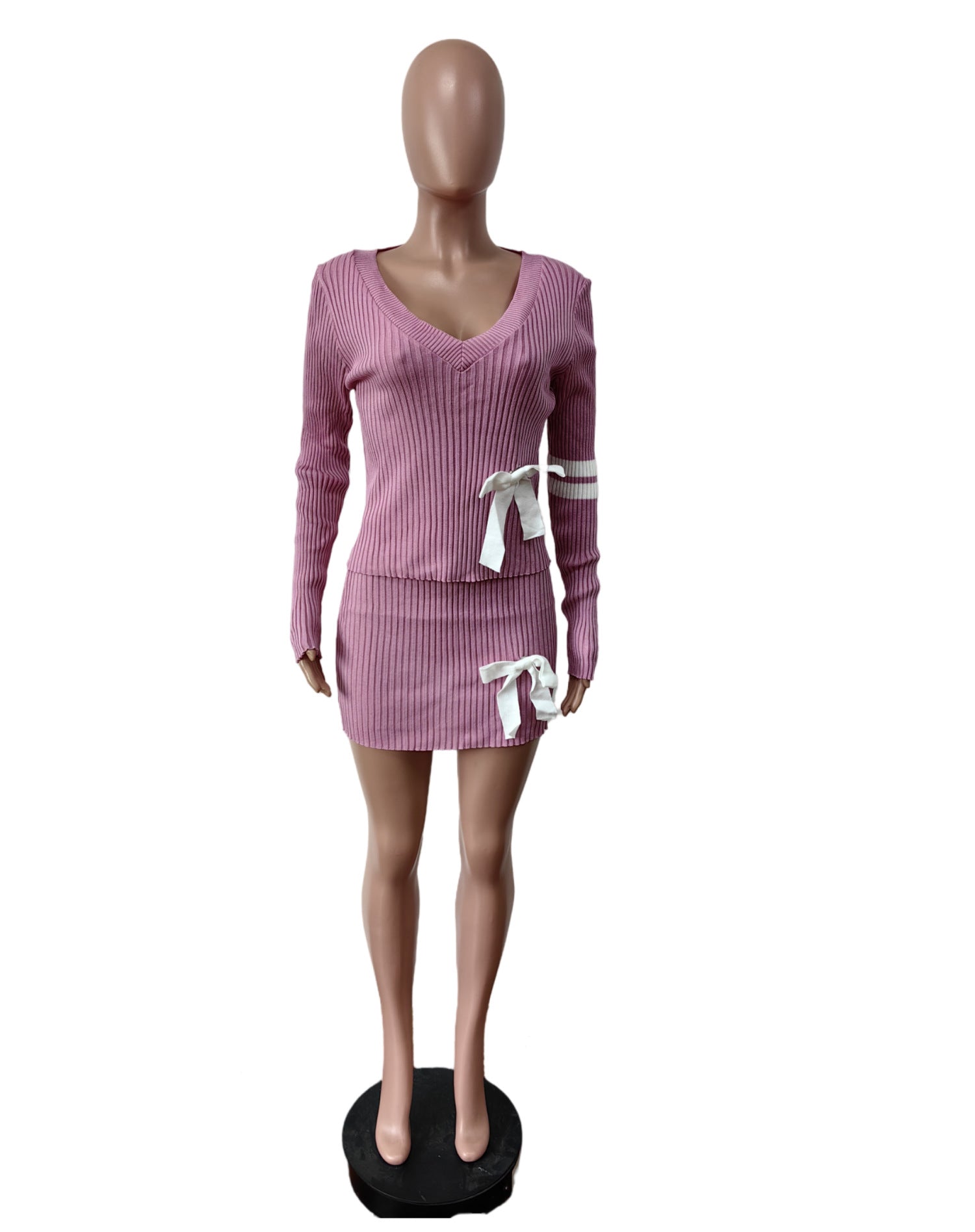 Women Casual Bowknot V-neck Sweater And Skirt Two Piece Set 5