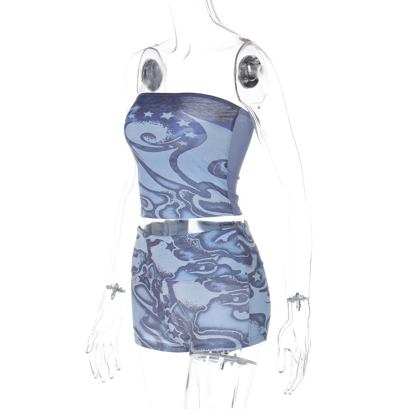 Women Spring Sexy Printed Off Shoulder Tank Top Shorts Two-piece Set 10