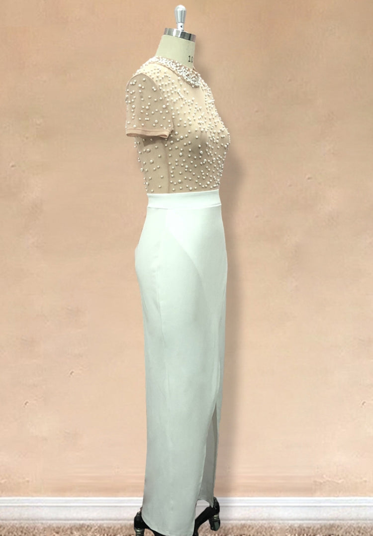 Autumn Formal White Beaded Short Sleeves Slit Evening Dress 5