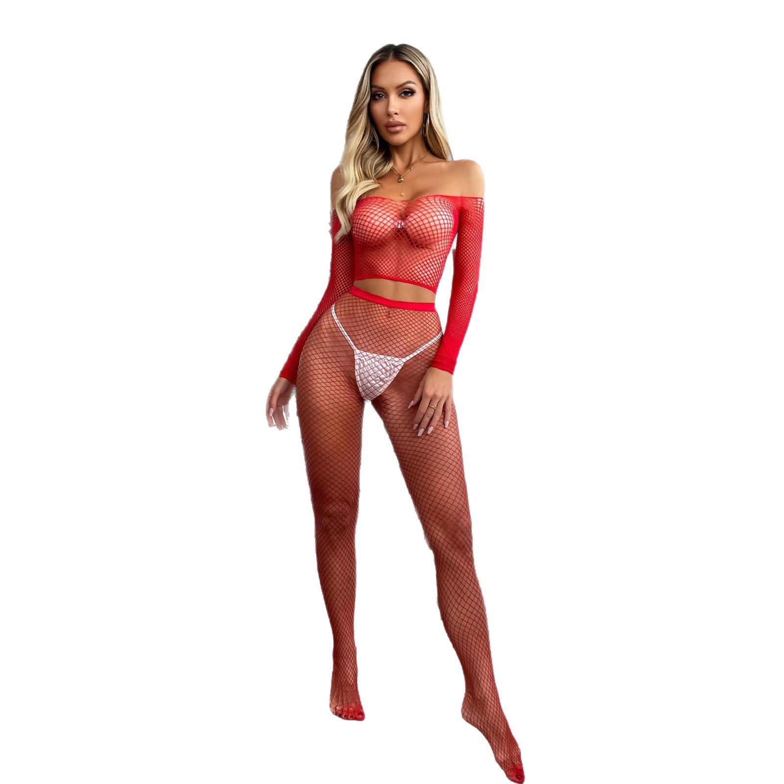 Women's Red Hollow Fishnet sexy Christmas Lingerie Set Seductive Pantyhose Rip Stockings 6