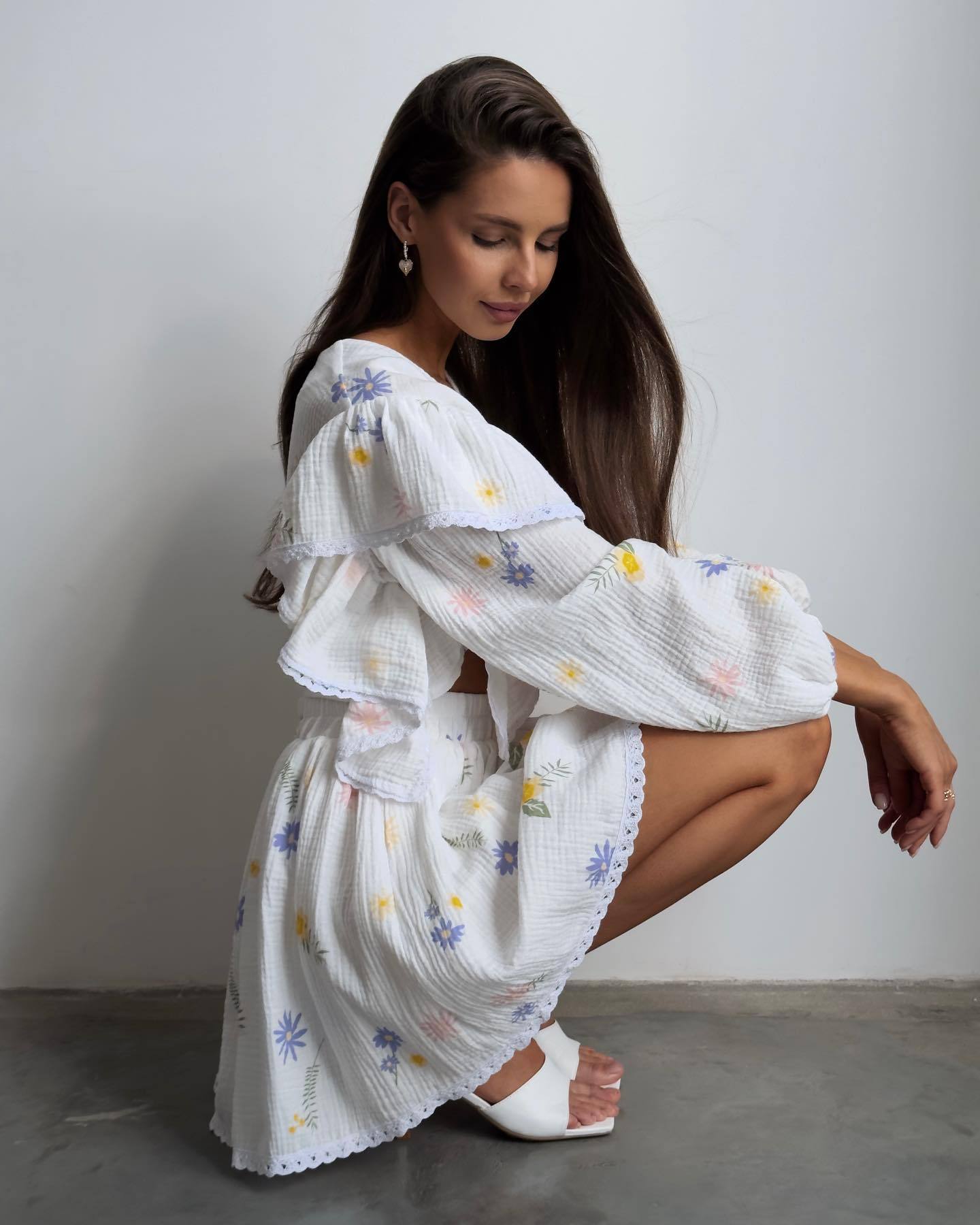 Women Ruffle Strawberry Print Long Sleeve Top and Skirt Two-Piece Set 15