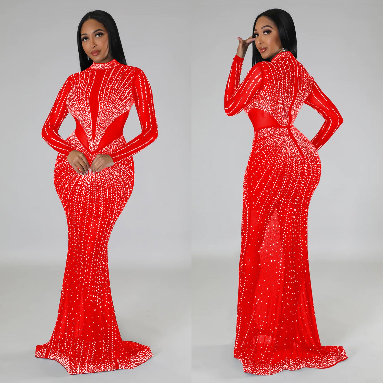 Women's Fashion Solid Color Mesh Beaded Long Sleeve Maxi Dress 4