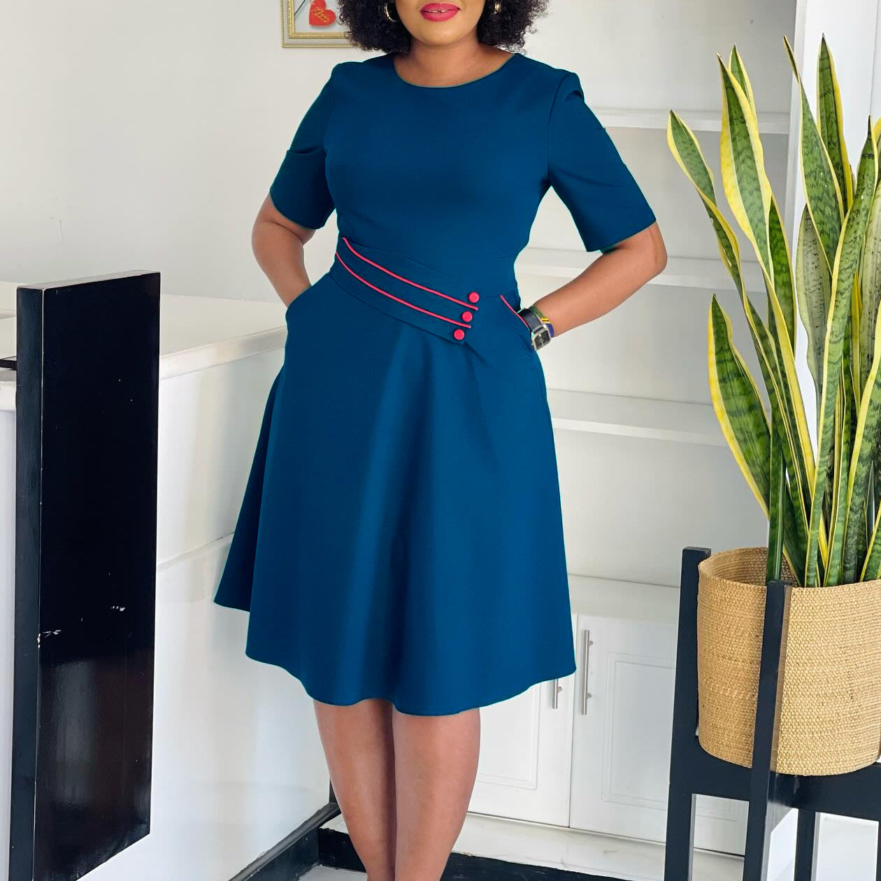 Women's Fashion Short Sleeve Solid Color High Waist A-ine African Dress 9