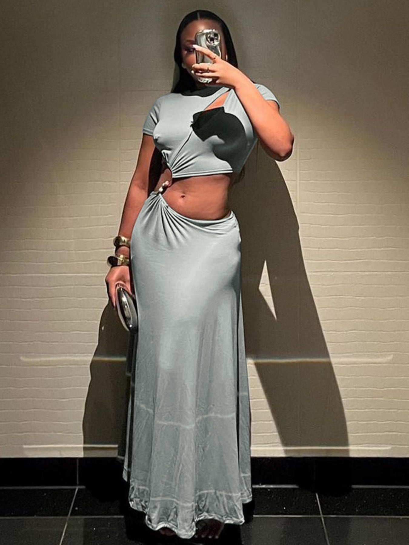 Women summer Cut Out beaded short sleeve Crop Top and Long Skirt two-piece set 3