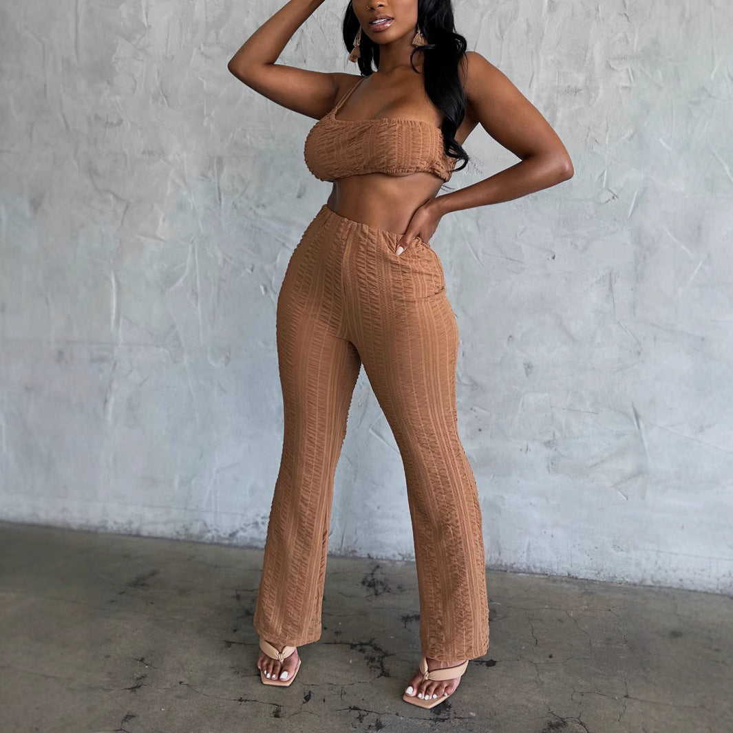 Women's Casual Sleeveless One Shoulder Crop Top Loose Wide Leg PantsTwo Piece Set 4