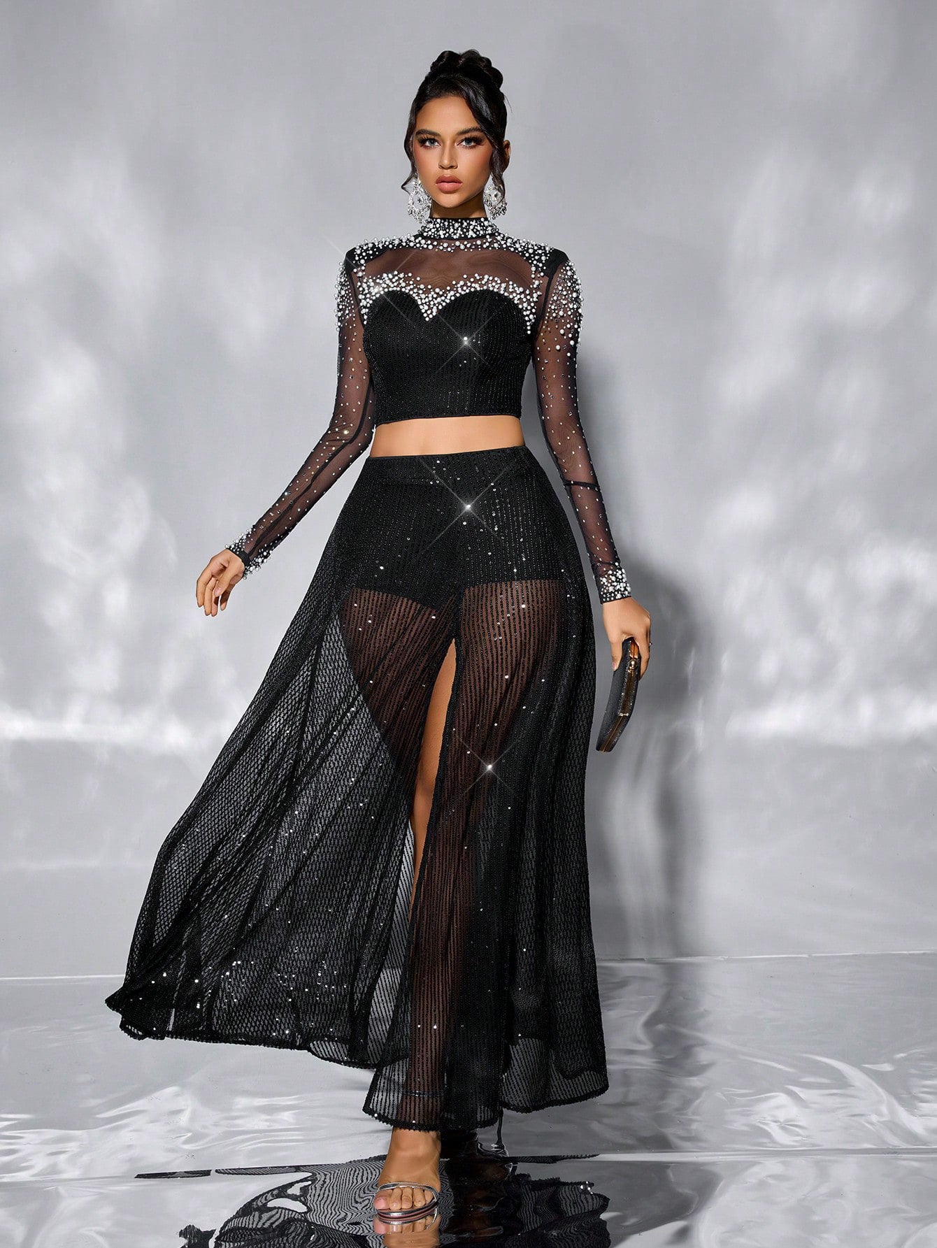 Women's Beaded Patchwork Mesh See-Through Long-Sleeve Low-Waist Flared High-Slit Skirt Set