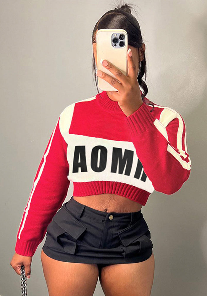 Women Patchwork Contrast Letter Half-High Neck Long Sleeve Crop Sweater