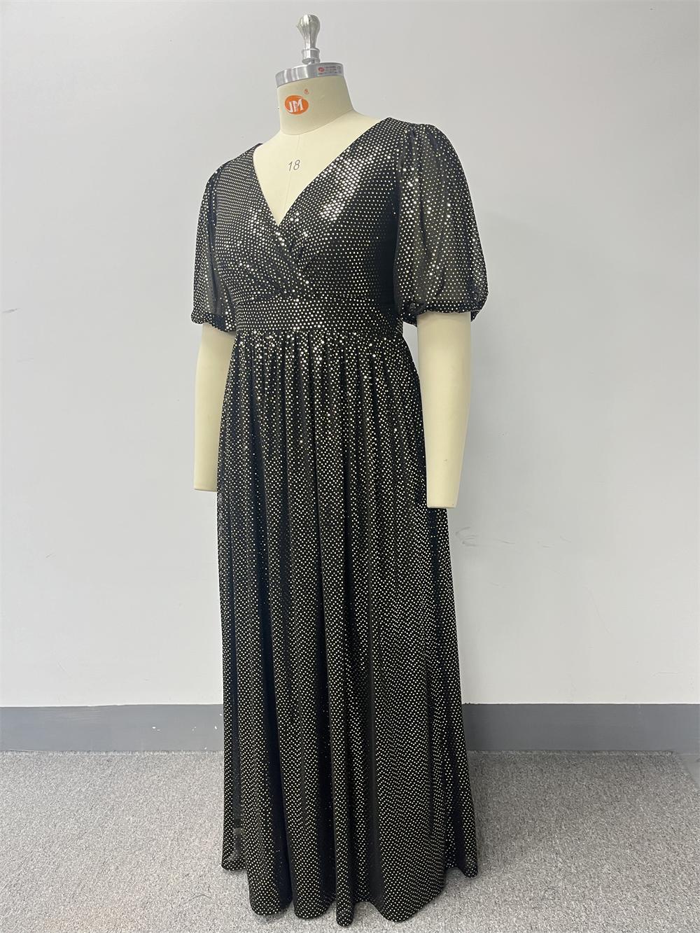 Plus-Size Glitter V-Neck Patchwork Short-Sleeve A-Line Fully Lined Evening Dress 11