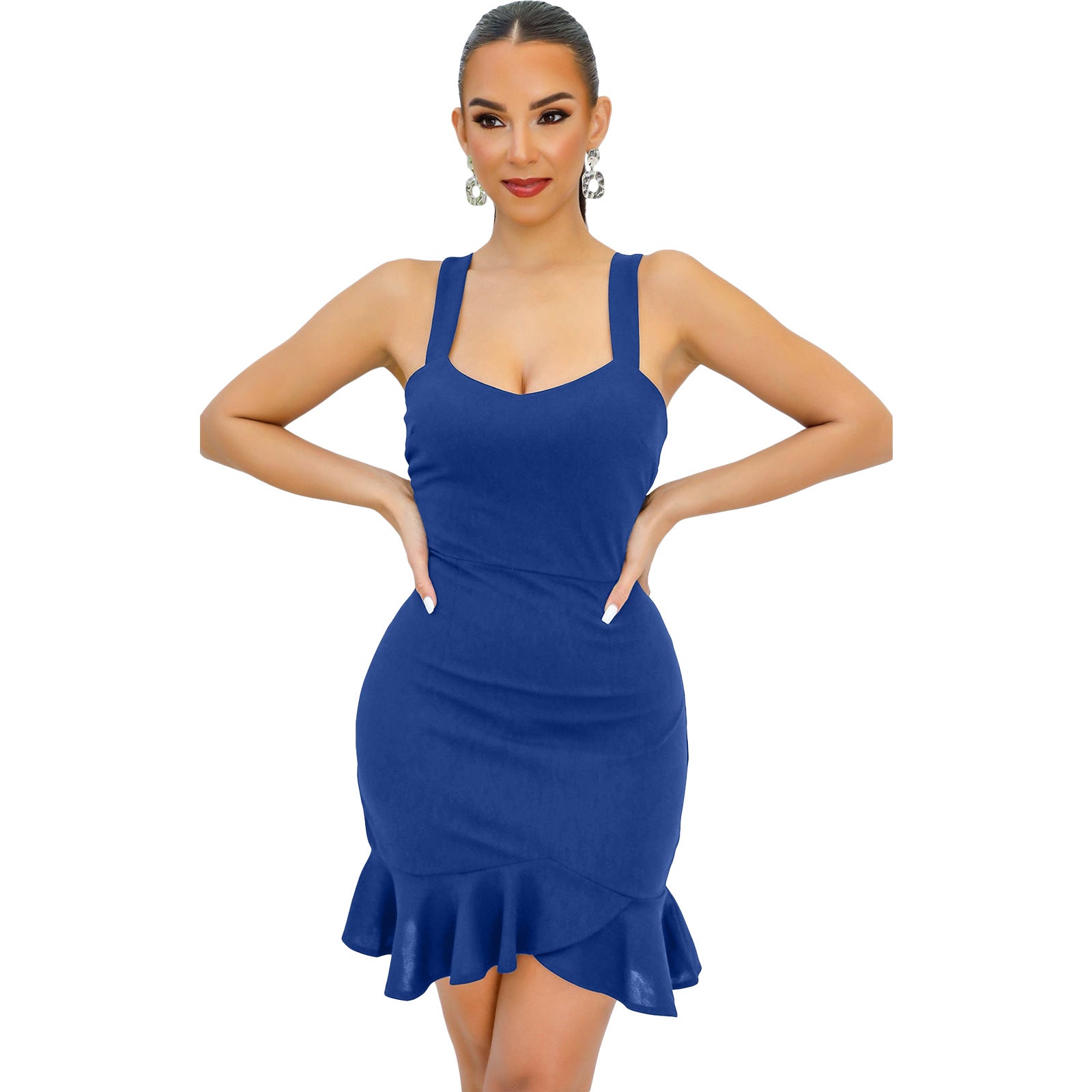 Fashion Solid Color Straps Ruffle Bodycon Dress 7