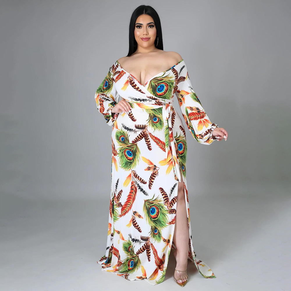 Plus Size Women Feather Print Sexy Slit Dress