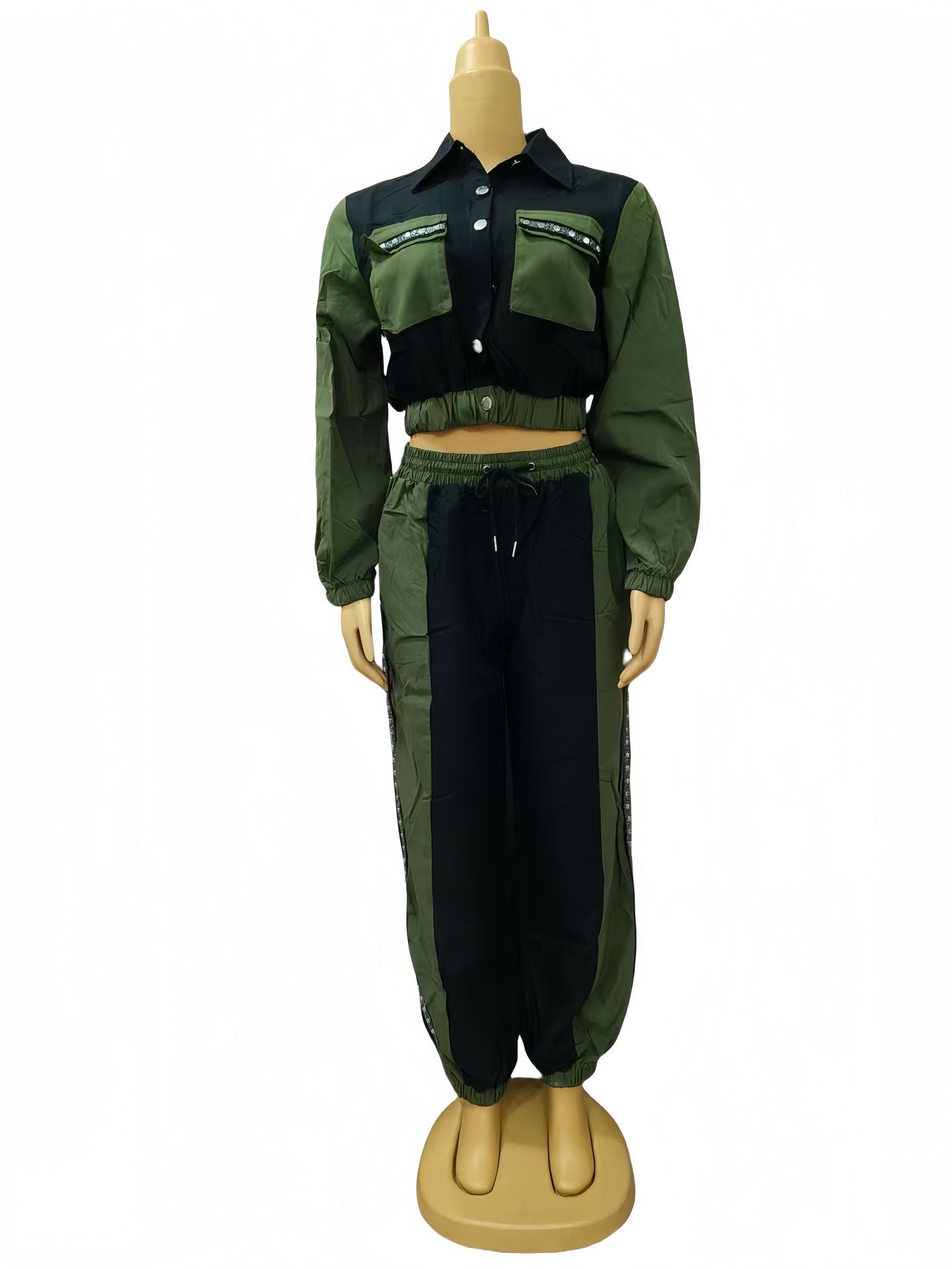 Women color matching Top and multi-pocket trousers Casual Two Piece Set 9