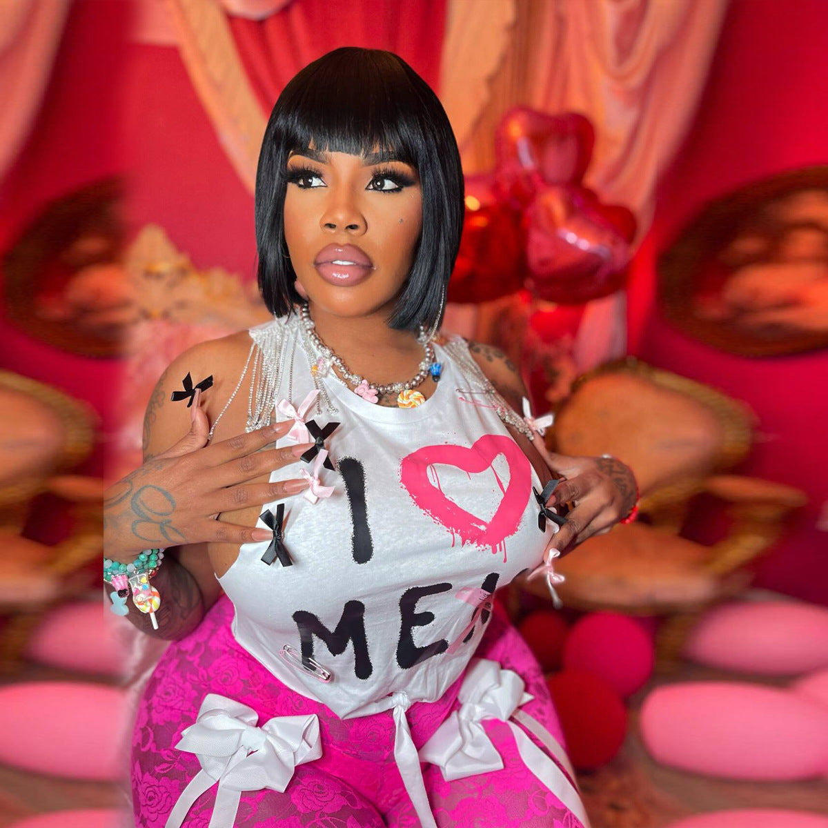 Women Sexy Lace See-Through Bow Sleeveless Top and Pants Two-piece Set 5