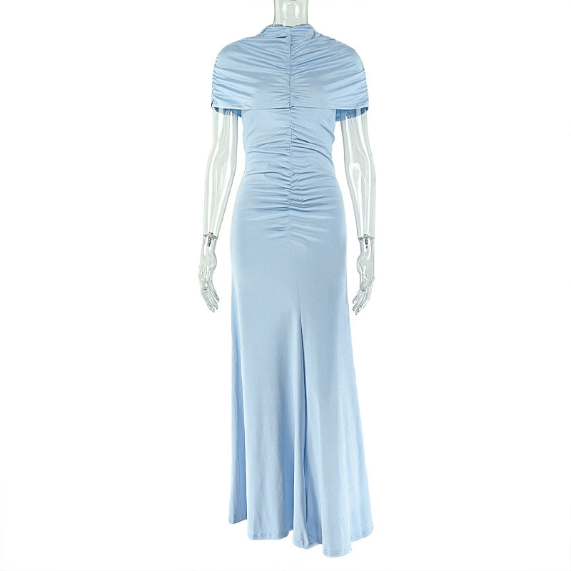 Elegant Women's Pleated Solid Color Bodycon Slim High Neck Short-Sleeve Long Dress 8