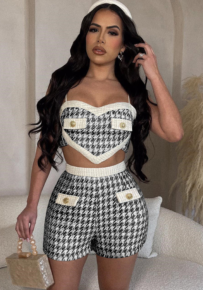 Women Houndstooth Sexy Crop Top and Shorts Two-piece Set 6