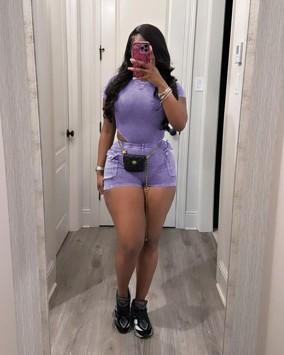 Women's Casual Solid Color  Short Sleeve Bodysuit Shorts Two Piece Set 6