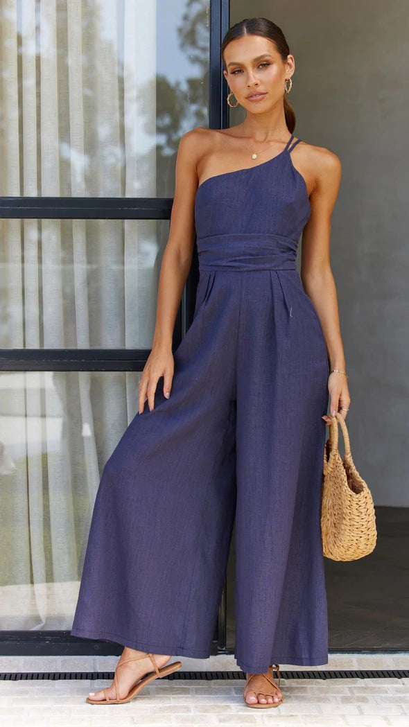 Women's Spring/Summer Solid Color Loose Wide Leg Linen Jumpsuit 3