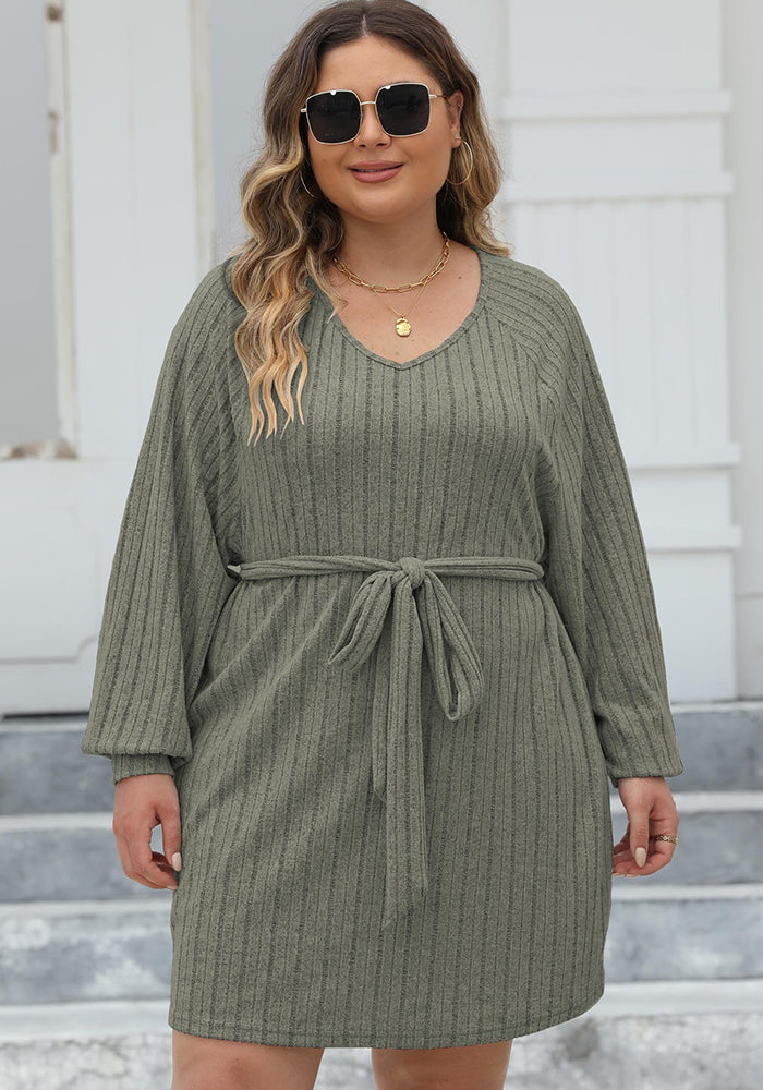 Plus Size Women Lace-Up Ribbed V-Neck Casual Dress