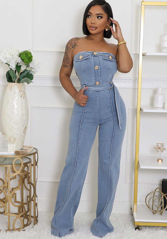 Women's Strapless Slim Waist Elastic Washed Denim Wide-Leg Jumpsuit
