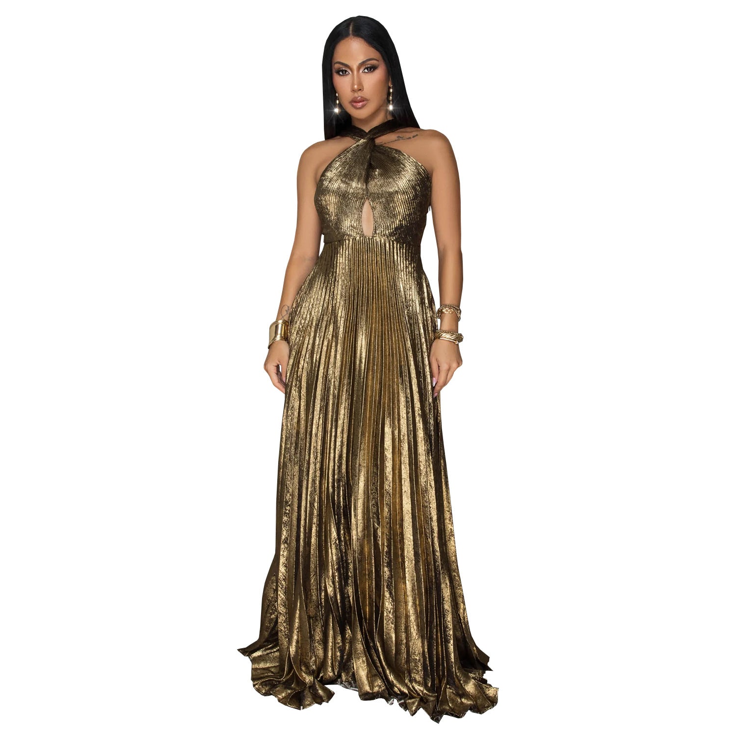 Fashion Women's Elegant Shiny Solid Color Pleated Long Dress 9
