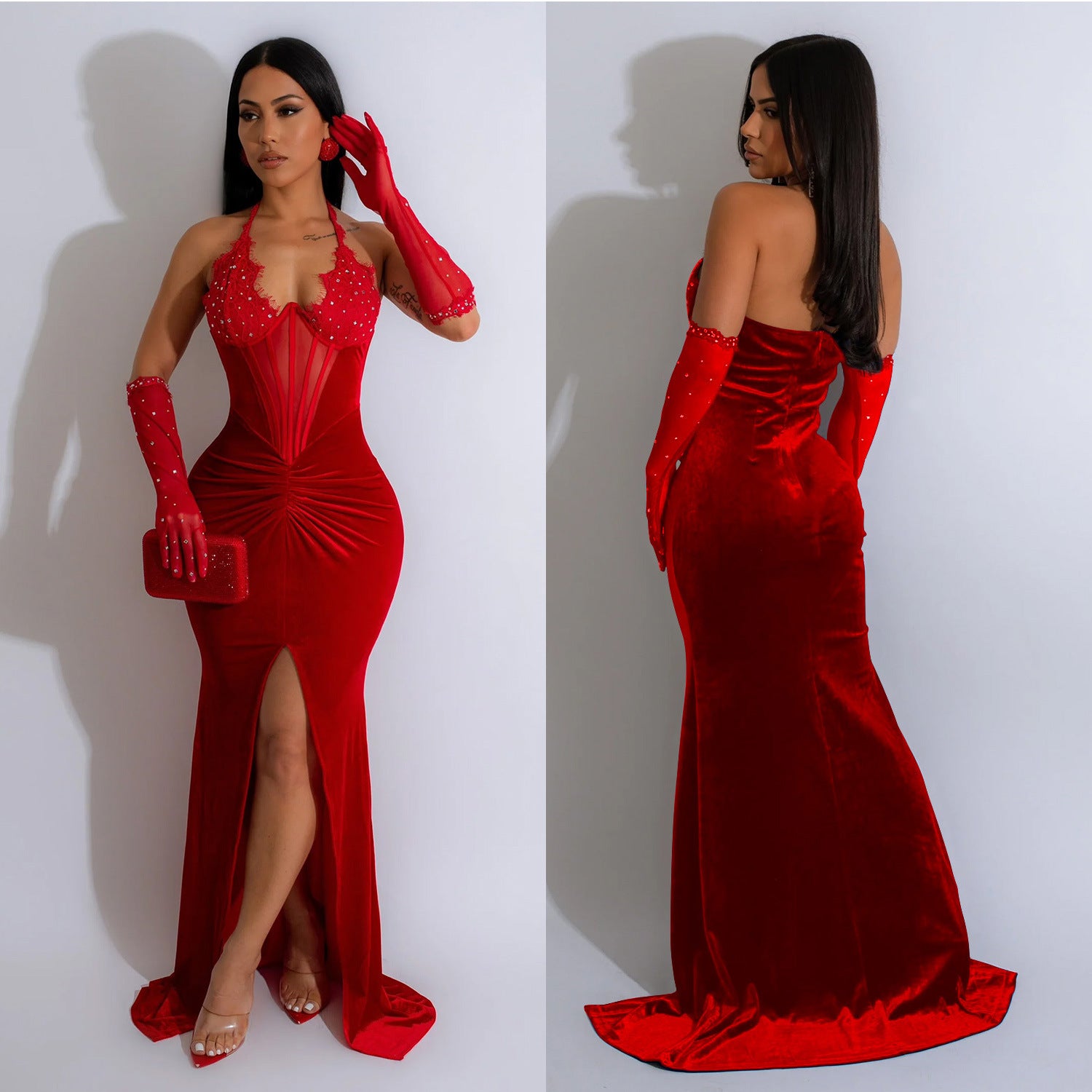 Fashion Women's Solid Color Halter Neck Slit Sexy Long Dress 8
