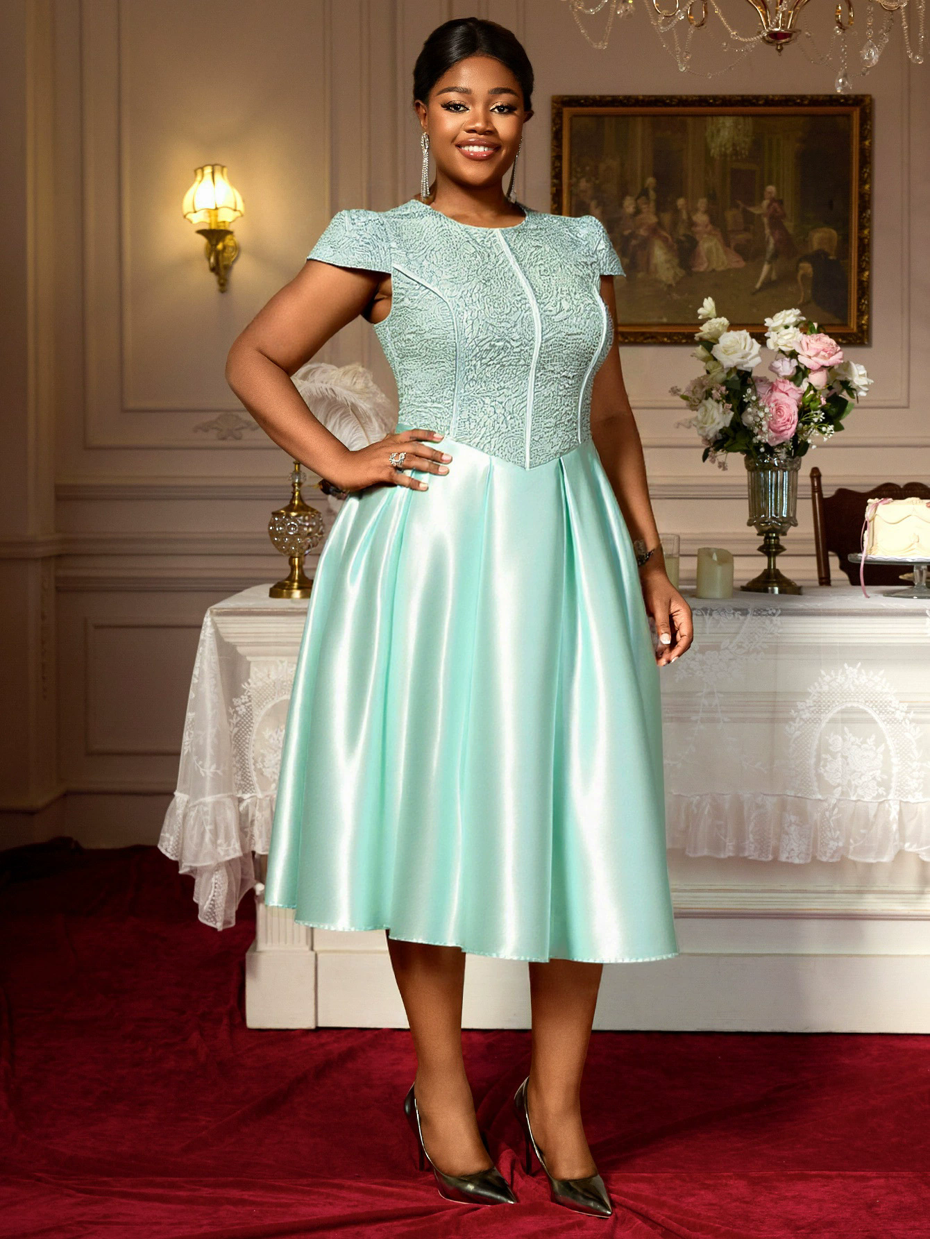 Summer Round Neck Rose Jacquard Bridesmaid Dress Bow Lace-Up Elegant Party Gown