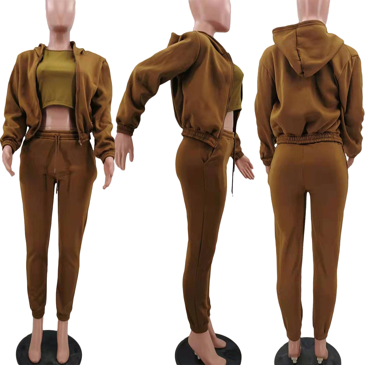 Winter Brown Thick Hooded Three Piece Pants Tracksuit