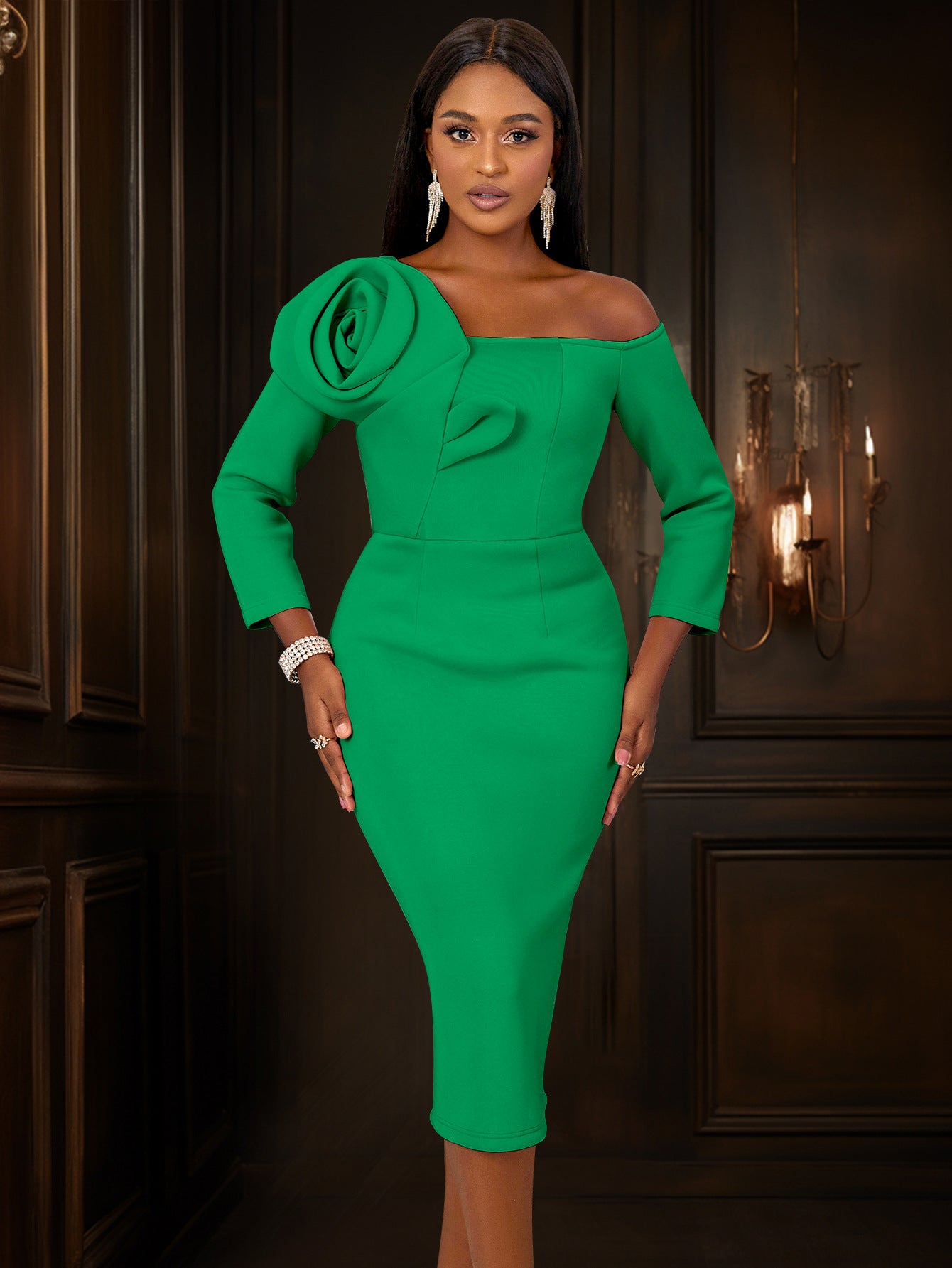 Flower Off Shoulder Long Sleeve Formal Party Dress 6