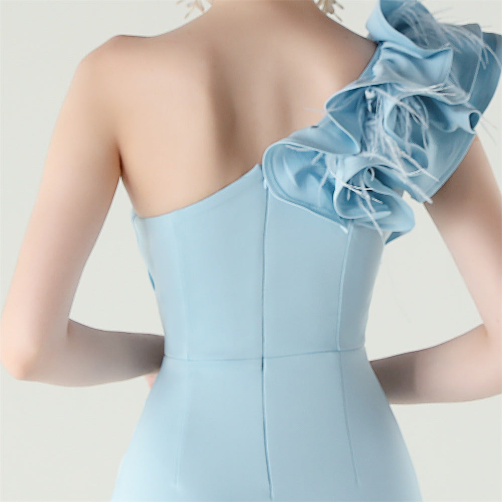 Women One-Shoulder Beaded Wool and Floral Satin Slit Sexy Evening Dress 74