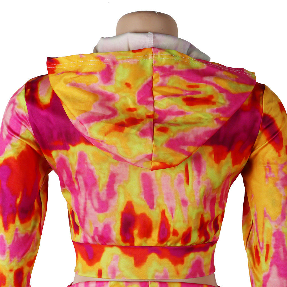 Print Hooded Zipper Long Sleeve Top Shorts Women's Casual Tracksuit 22