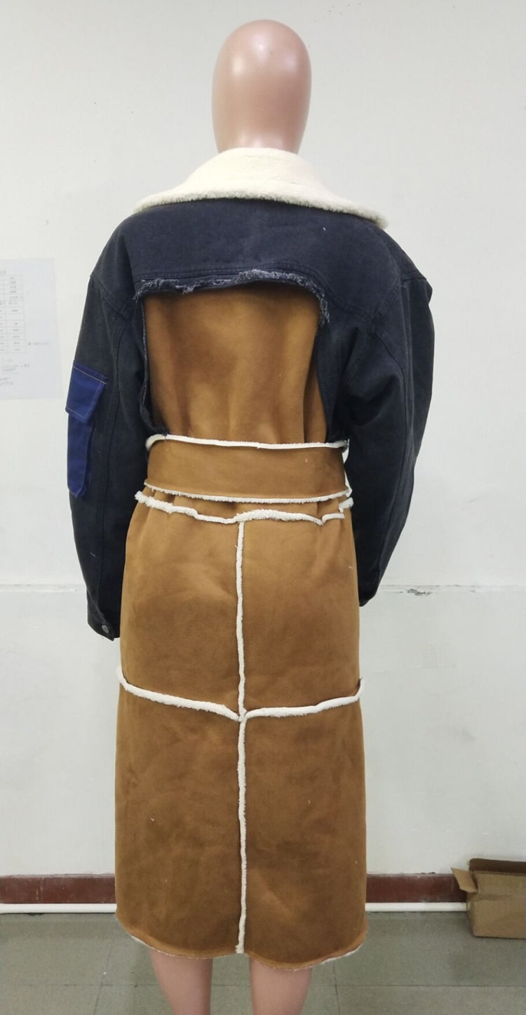 Winter Black Denim Patch Fleece Full Sleeves Thick Long Coat