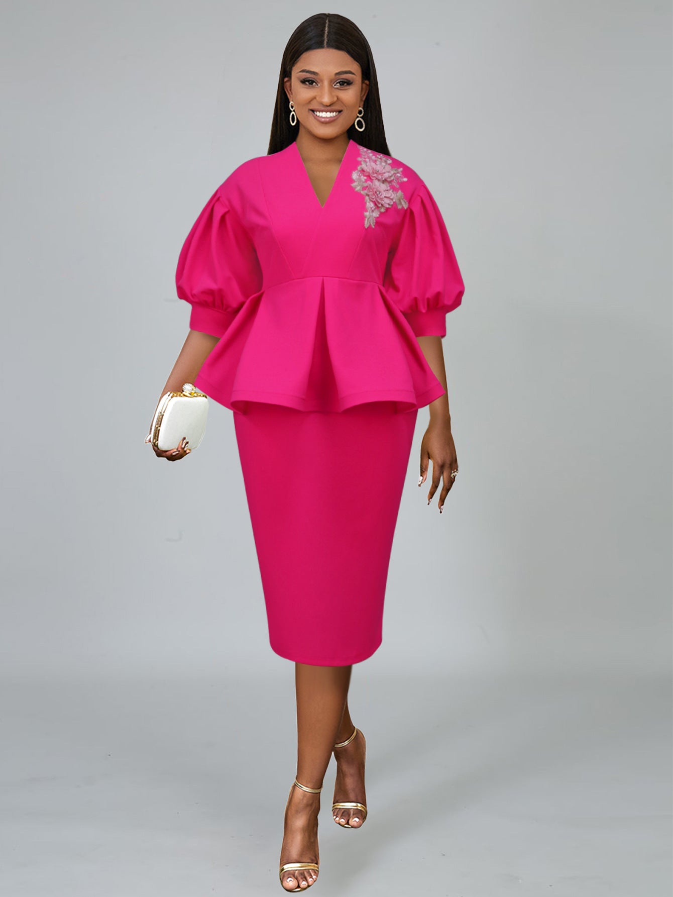 Women V-neck Lantern Sleeve Embroidered Dress