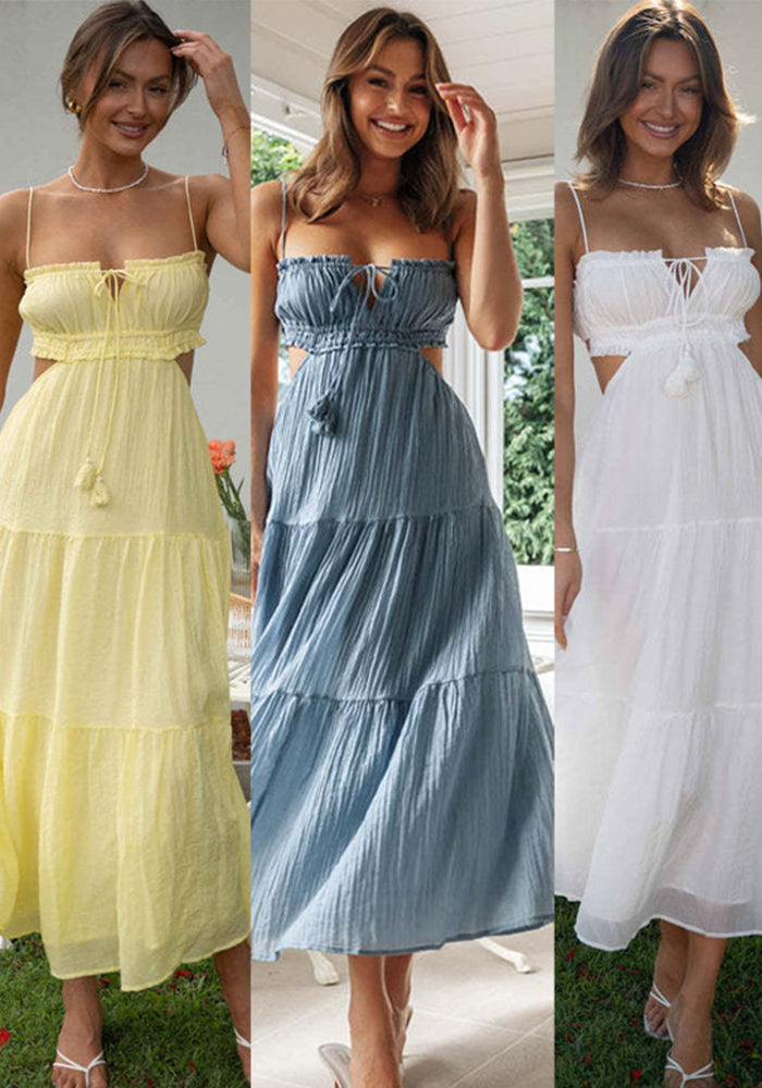 Women's V-Neck Strap Solid Color Patchwork Maxi Dress