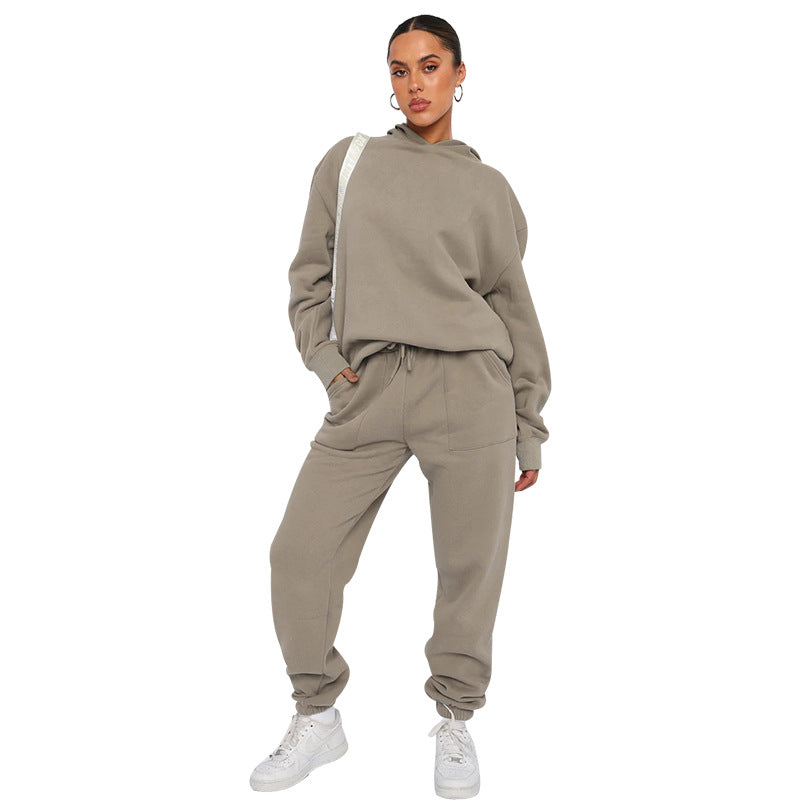 Fall Winter Solid Color Hooded Tracksuit Long Sleeve Hoodies Women's Fashion Casual Pant Two Piece Set 17