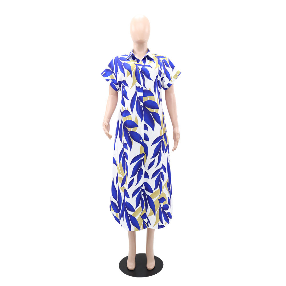 Summer Women Fashion Printed Short Sleeve Casual Shirt Dress 3