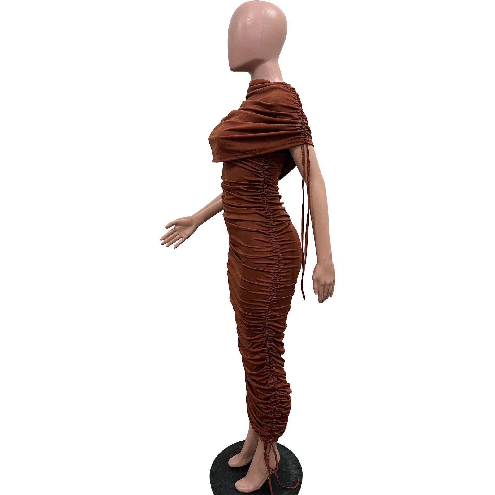 Women Solid Pleated Drawstring Zip Irregular Dress 24