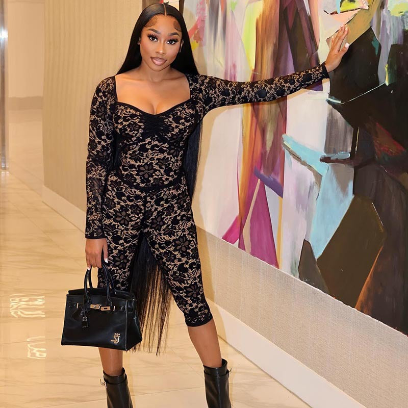 Women's Lace See-Through Long Sleeve Top & Tight Fitting Pants Two-Piece Set 9