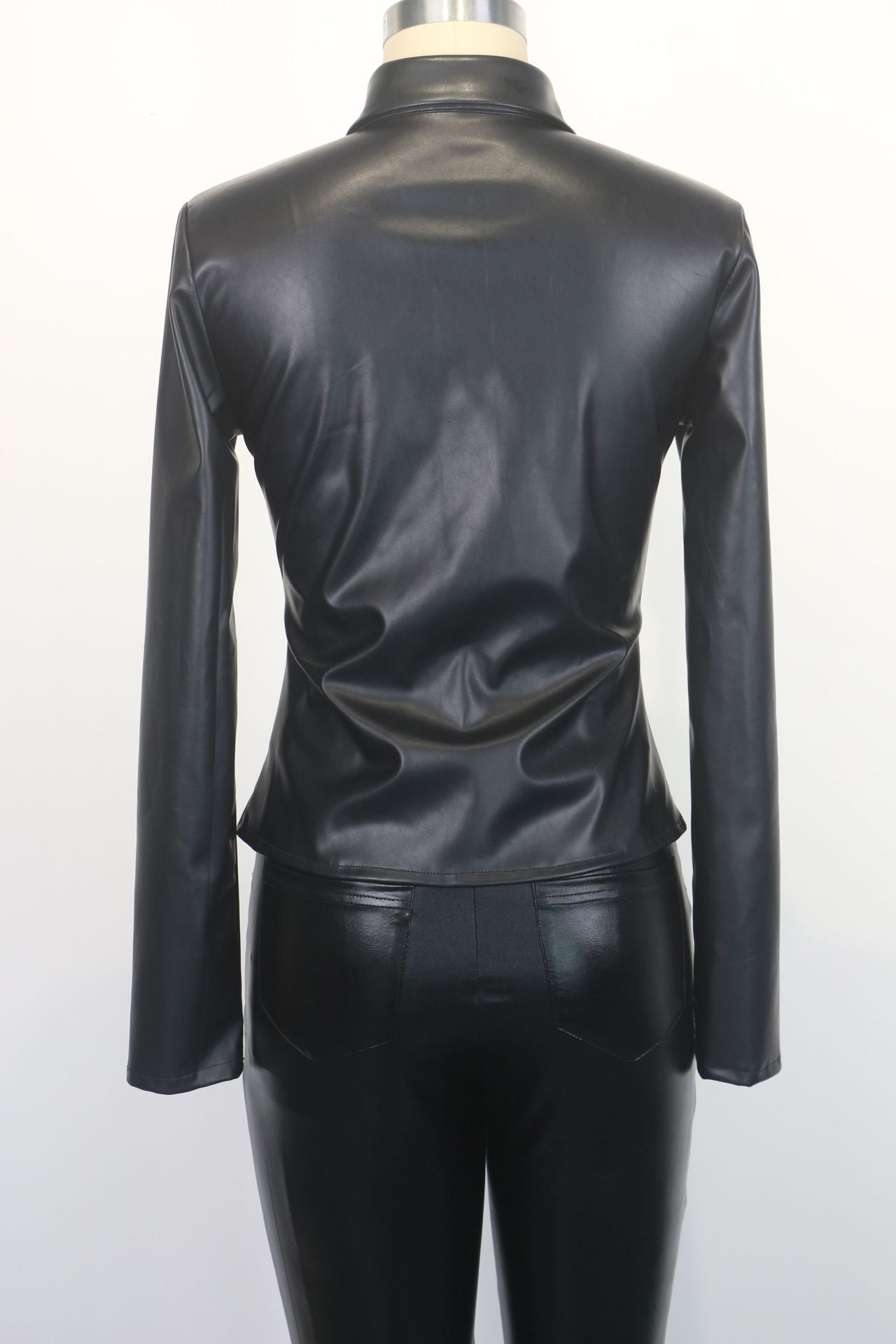 Fashionable Beaded Turndown Collar Slim Waist Long-Sleeved Leather Shirt Top Women's Clothing 6