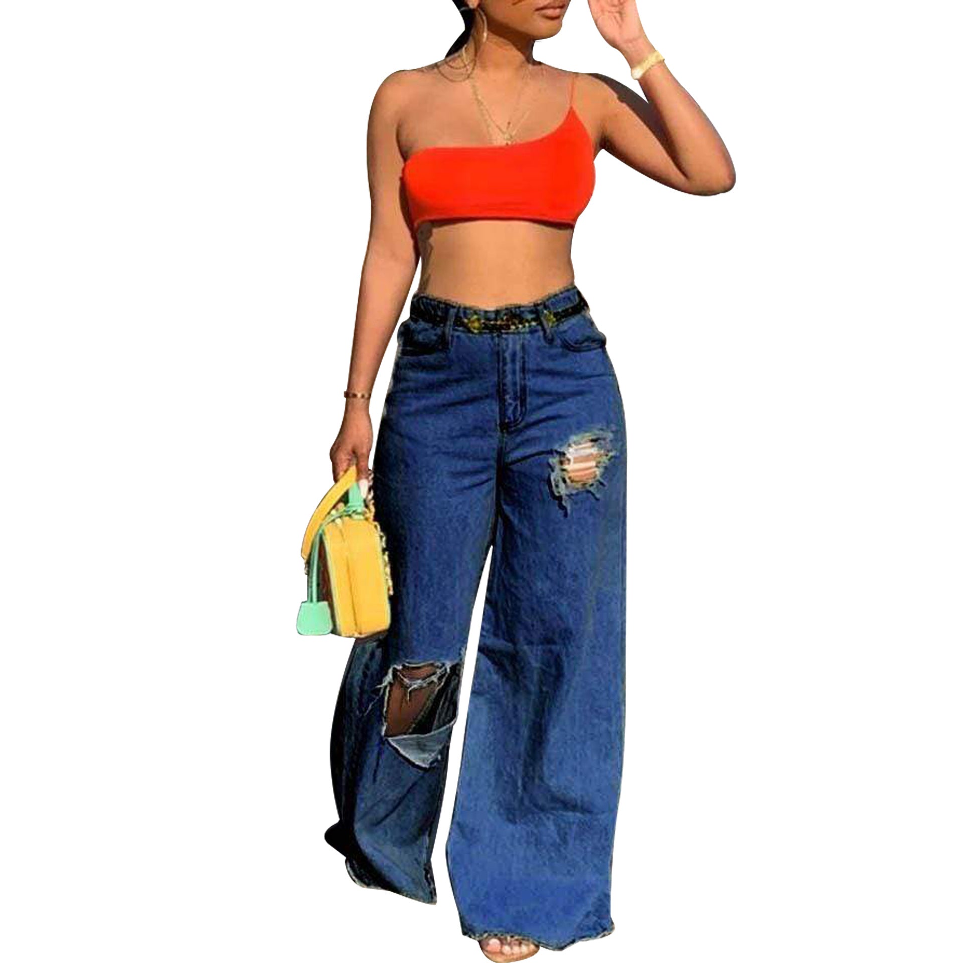 Sexy Women's Irregular Ripped Loose Denim Pants 3