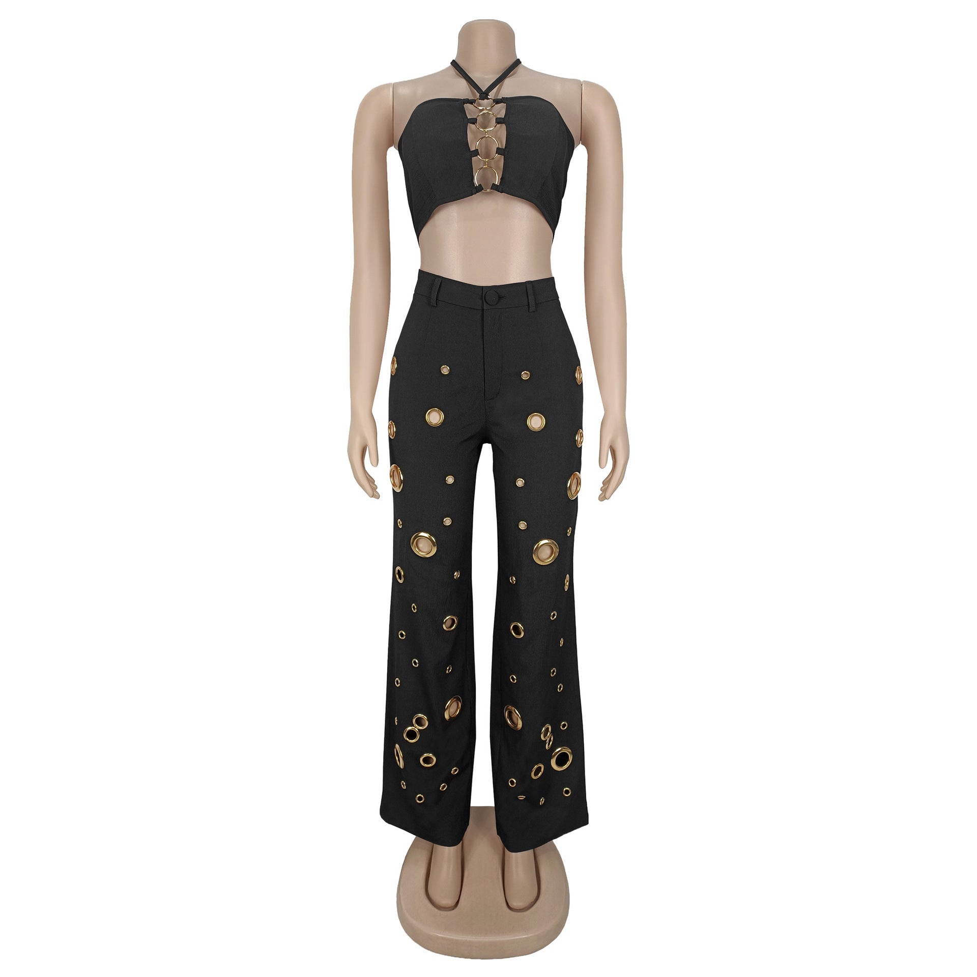 Women Sexy Metal Button Top and Pants Two Piece Set 4