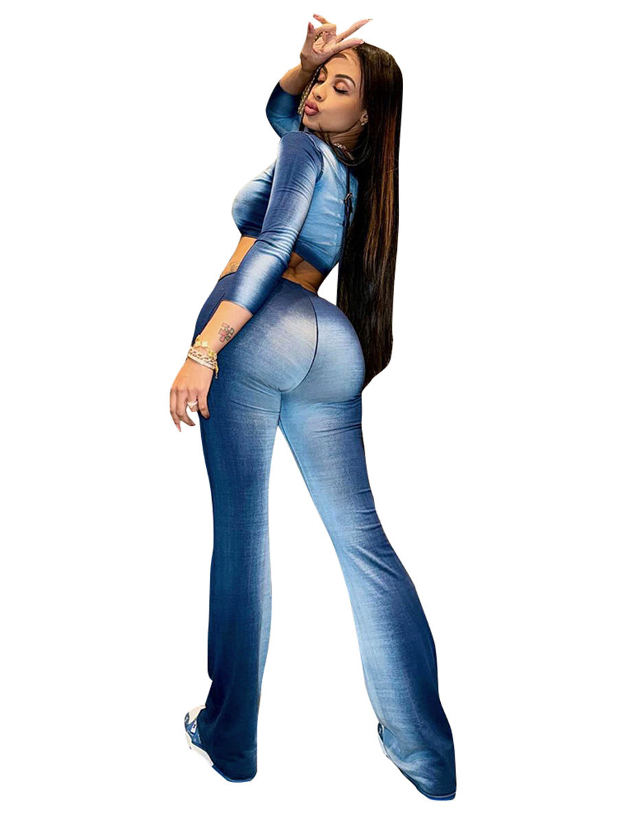 Women's Autumn Gradient Color Three Quarter Sleeve Crop Top High Waist Trousers Casual Two Piece Set 5