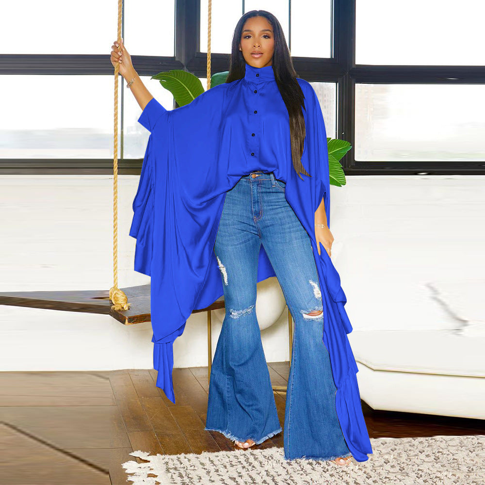 Women 's Autumn Pleated Long Solid Color Shawl Shirt 6