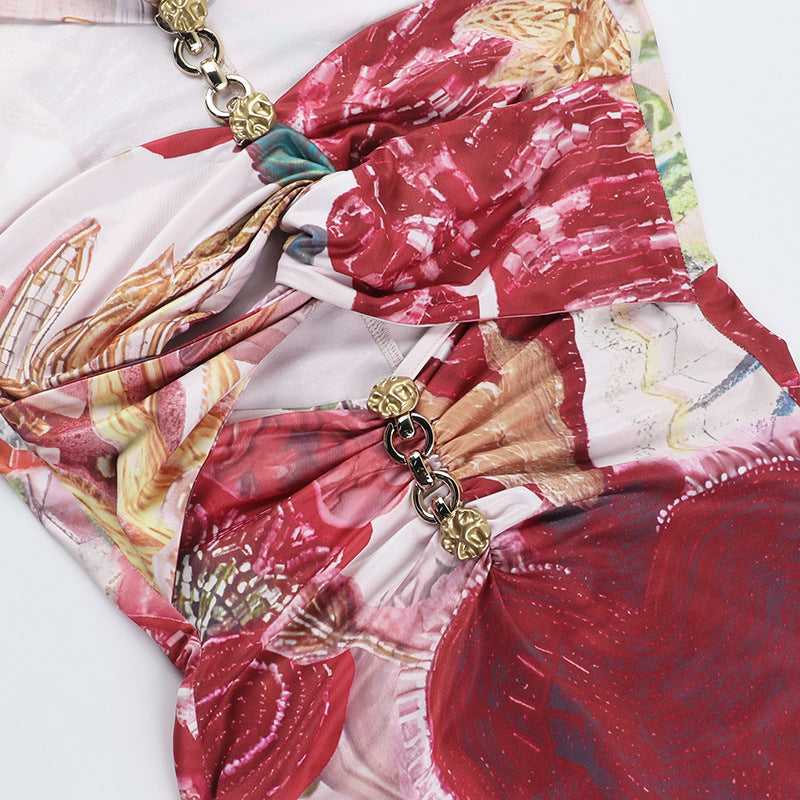 Spring Printed Metal Button Hollow Strapless Bodycon Short Dress 13