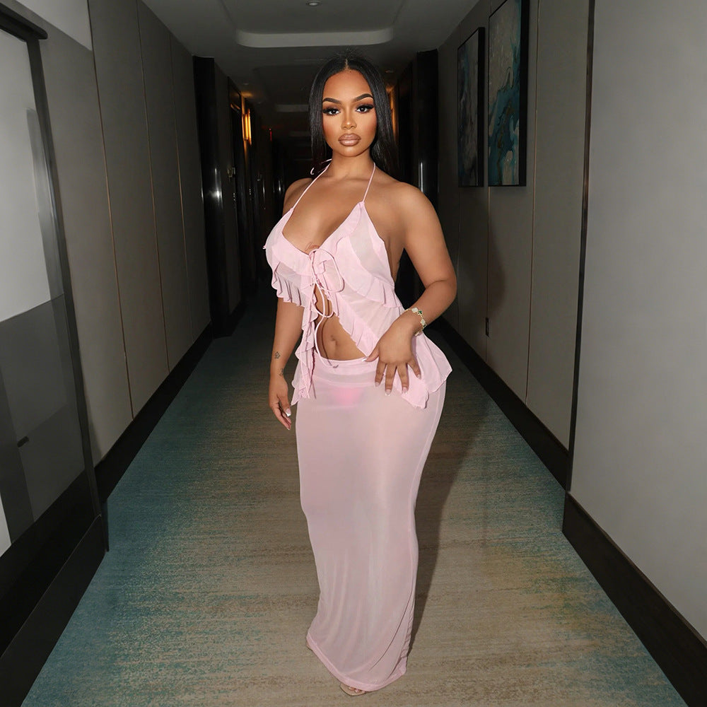 Tie-Front Sleeveless Top with Fashion Skirt Sexy See-Through two piece Set