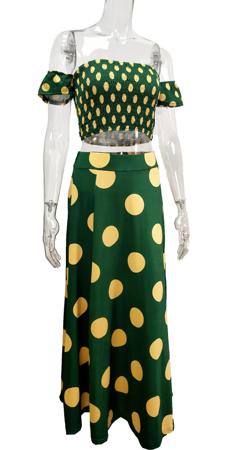 Women Summer French Bohemian Print Strapless Top and Skirt Two-Piece Set 25