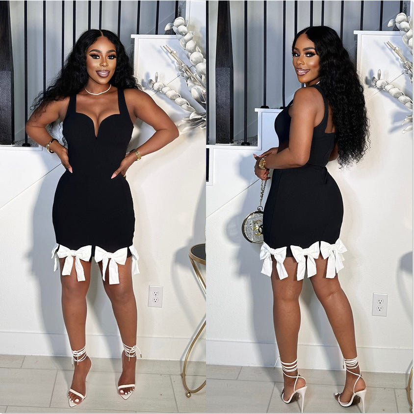 Women Metal V-Neck Sexy Suspender Bow Tassel Bodycon Dress