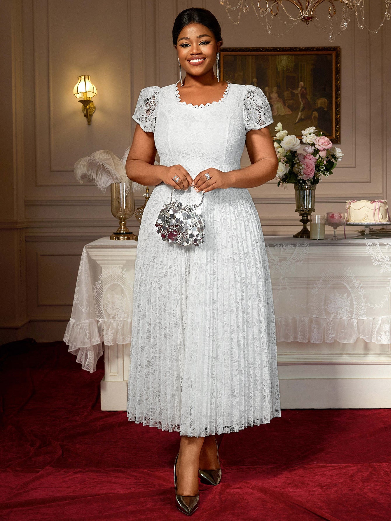 Plus Size Lace Trim Elegant Square-Neck Flared Party Dress 6