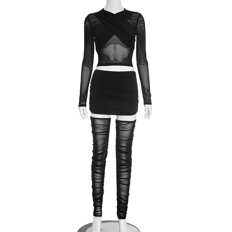 Women Autumn/Winter Cross-Gathered Double-Collared Top and See-Through Mesh Skirt with Three-Piece Knee Pads 7