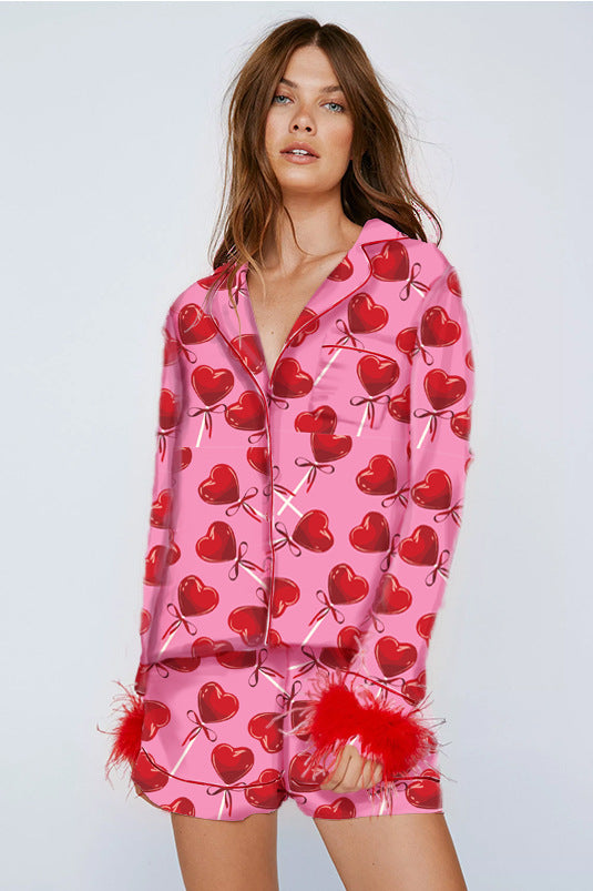 Women's Satin Print Casual Long-Sleeved Home Clothes Pajamas Set