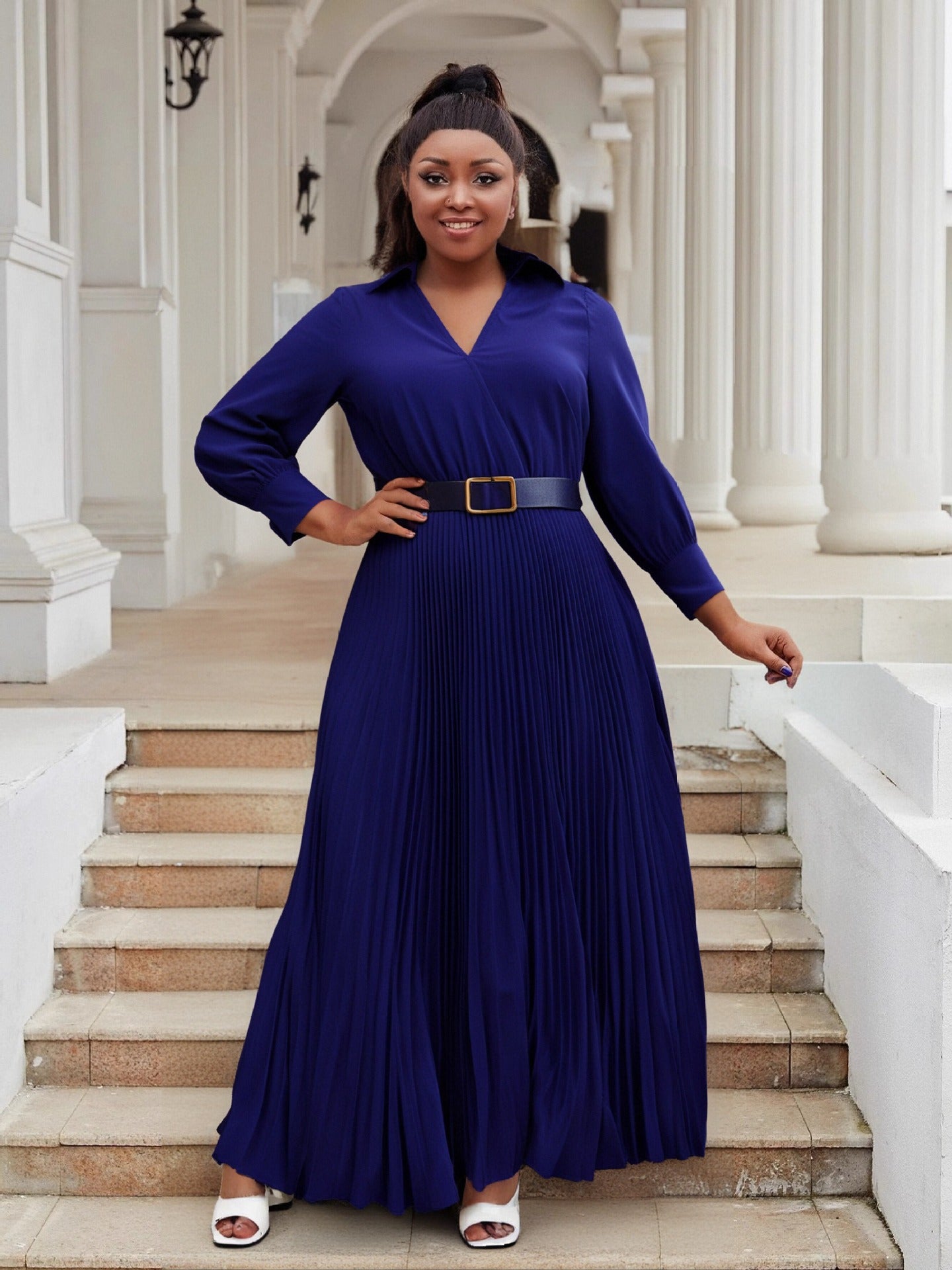 Plus Size Women V-Neck Long Sleeve Solid Pleated Dress with Belt 4